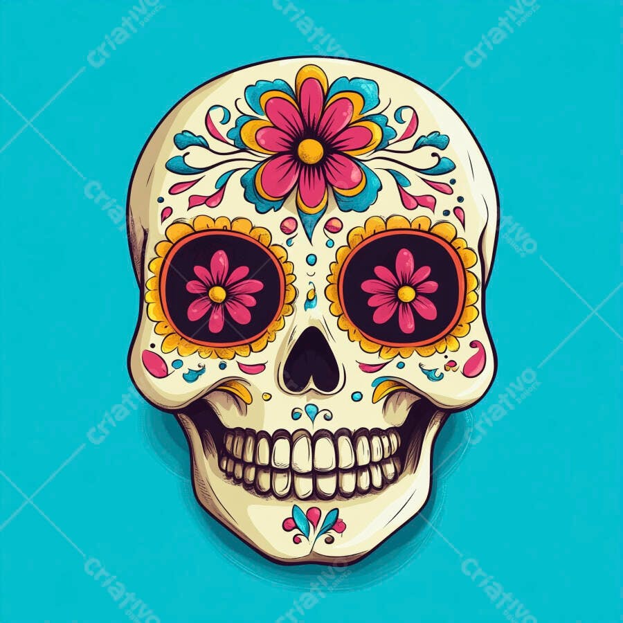Calavera de açúcar decorada com flores vibrantes estilo Dia de los Muertos