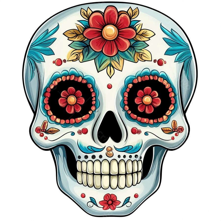Calavera mexicana decorada com flores vermelhas e azuis para Dia de Muertos