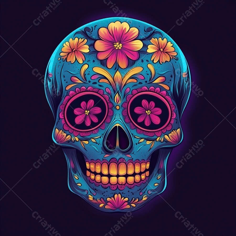 Calavera mexicana azul rosa amarelo com flores Dia dos Mortos celebração