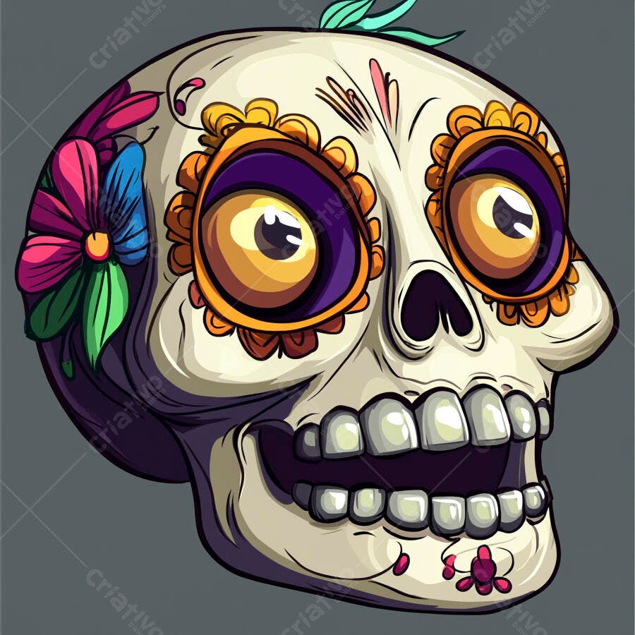 Caveira mexicana colorida com flores vibrantes para Dia de los Muertos