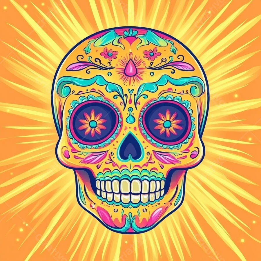 Calavera mexicana colorida com flores e raios de sol para o Dia dos Mortos