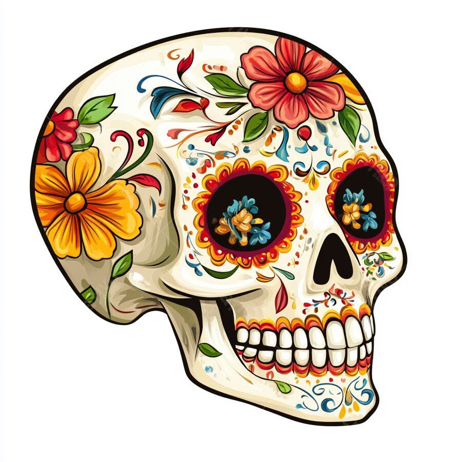Caveira mexicana decorada com flores coloridas arte vibrante Dia de los Muertos