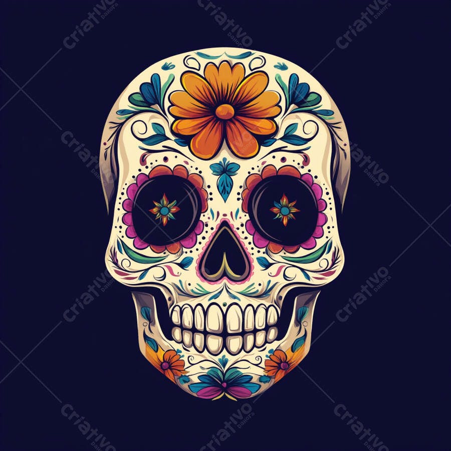 Caveira mexicana colorida com flores e padrões para Dia dos Mortos