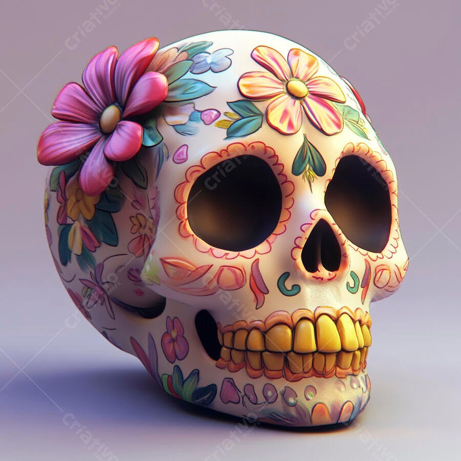 Calavera mexicana decorada com flores vibrantes para Dia dos Mortos