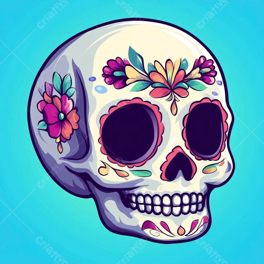 Caveira mexicana colorida decorada com flores vibrantes e fundo azul