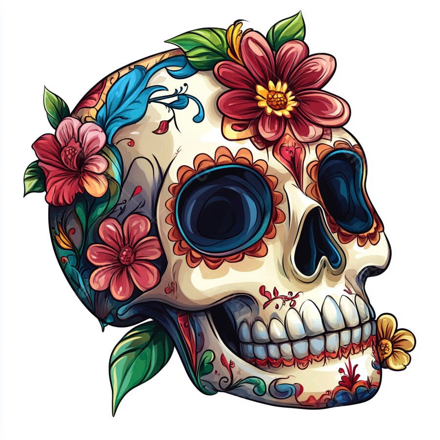 Crânio mexicano decorado com flores coloridas e ornamentos Dia de los Muertos