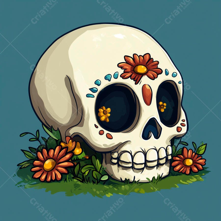 Caveira mexicana decorada com flores e folhas verdes para Dia dos Mortos