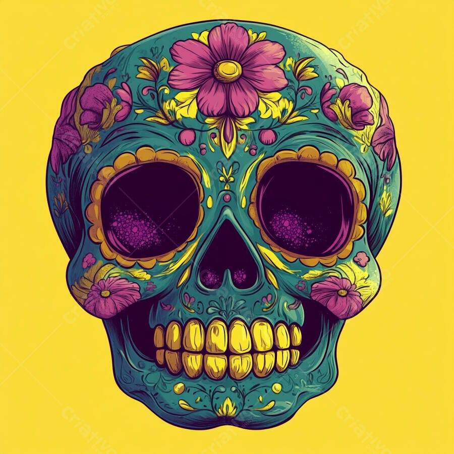 Calavera Mexicana colorida com flores vibrantes e dentes dourados para o Dia dos Mortos