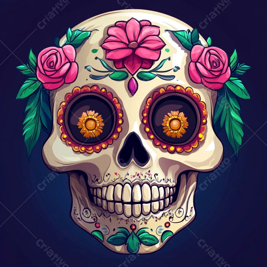 Calavera mexicana decorada com flores rosas Dia de los Muertos