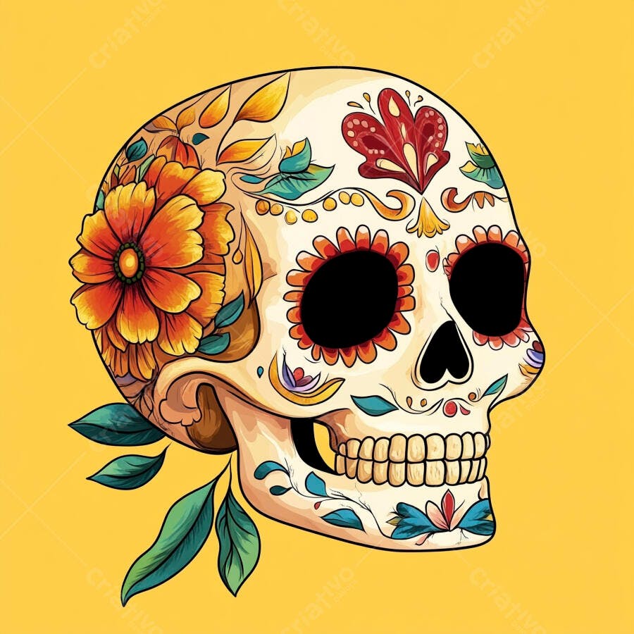 Calavera Mexicana colorida com flores vibrantes para Dia de los Muertos em fundo amarelo