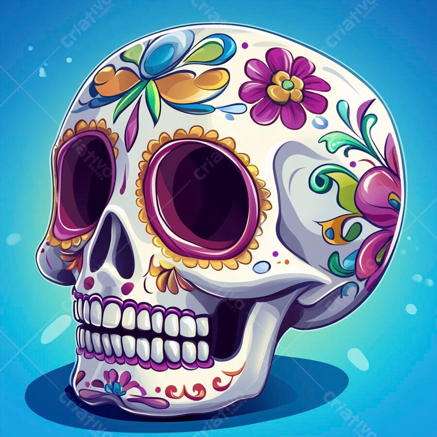 Caveira mexicana colorida ilustração vibrante para o Dia dos Mortos