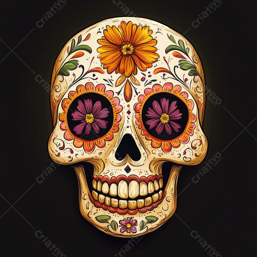 Calavera mexicana decorada com flores e padrões vibrantes para o Dia dos Mortos