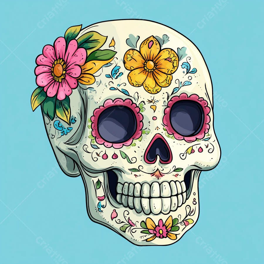 Calavera mexicana decorada com flores rosas e amarelas fundo azul claro