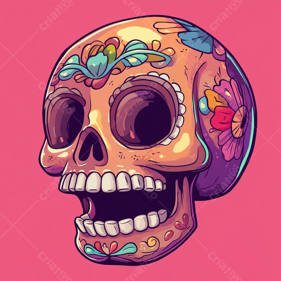 Caveira de açúcar colorida estilo Calavera mexicana com flores vibrantes