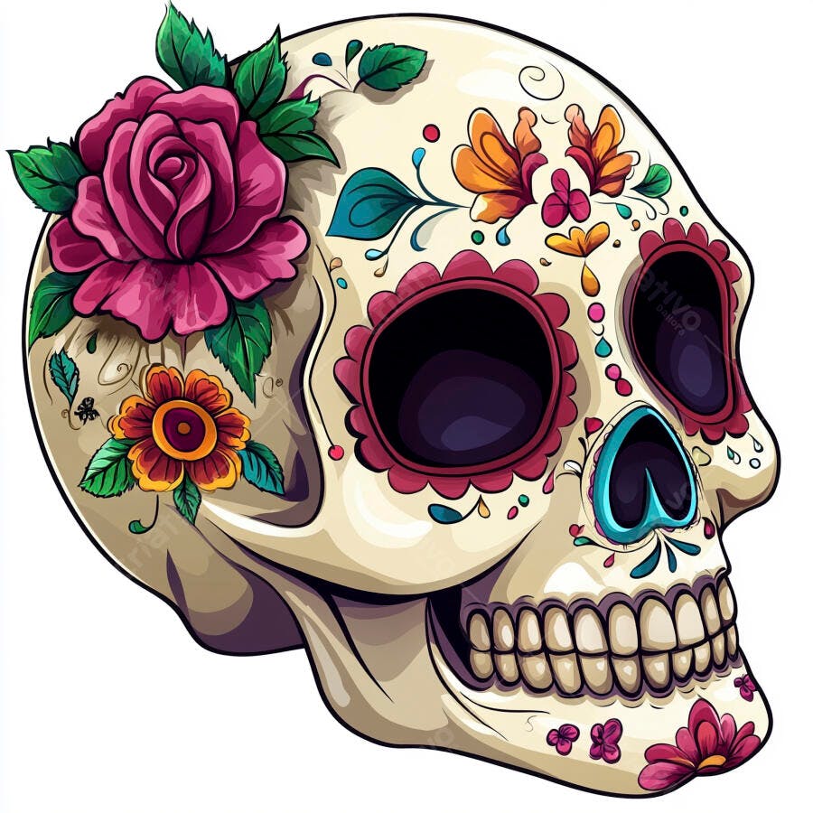 Calavera de açúcar rosa laranja e turquesa para Dia de los Muertos