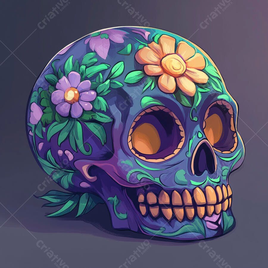 Crânio mexicano decorado com flores coloridas e folhagens vibrantes para o Dia dos Mortos