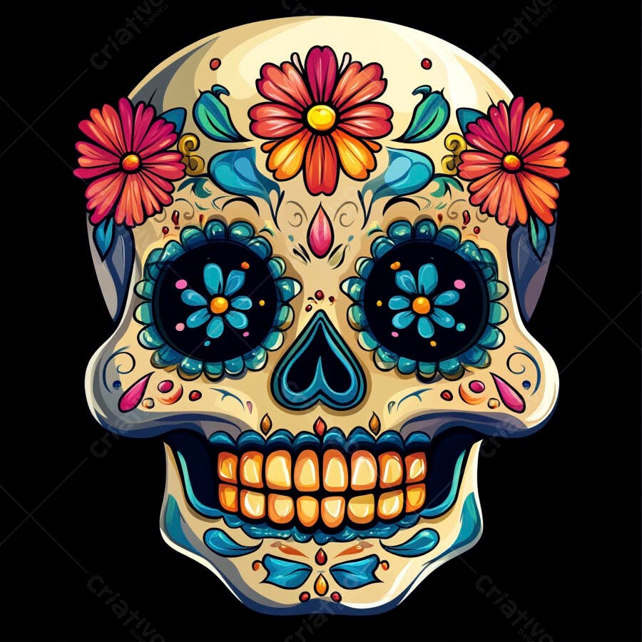 Caveira mexicana decorada com flores coloridas arte vibrante Dia dos Mortos