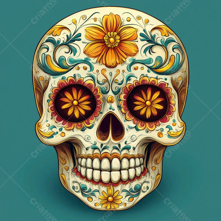 Calavera mexicana colorida com flores vibrantes e padrões intrincados para Dia de los Muertos