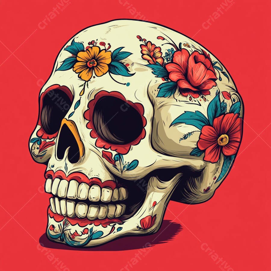 Caveira mexicana tradicional decorada com flores coloridas para o Dia dos Mortos