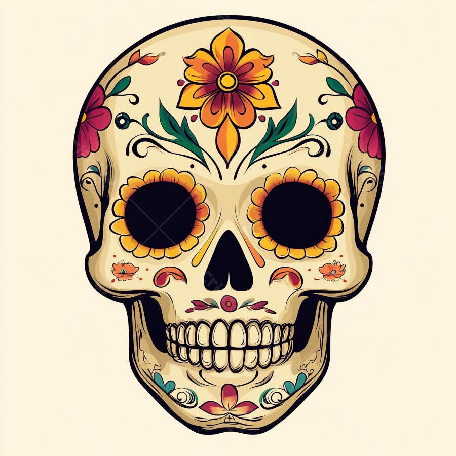 Caveira mexicana decorada com flores coloridas para o Dia dos Mortos