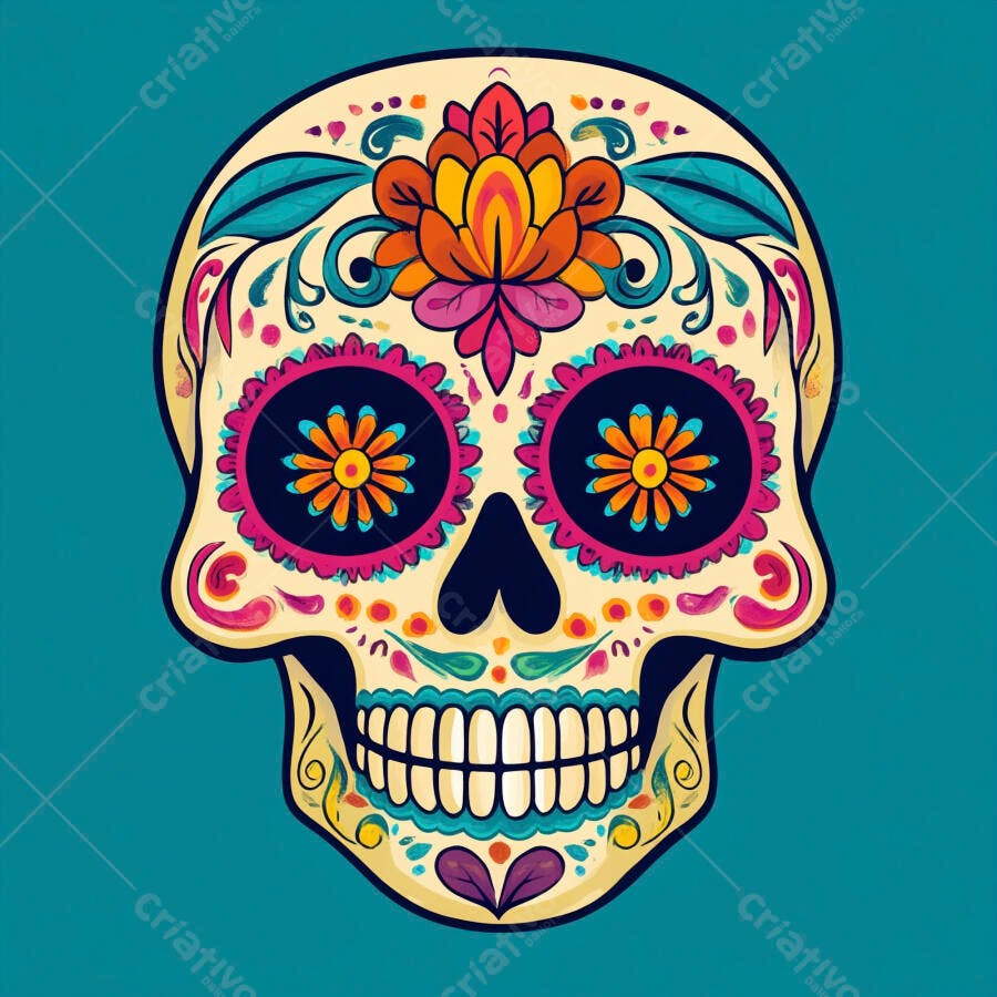 Caveira mexicana colorida e floral Dia de Muertos