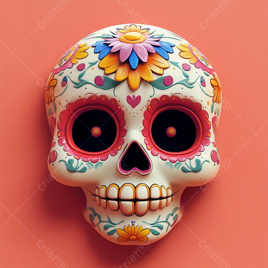 Calavera de açúcar detalhada com flores vibrantes e fundo coral Dia de Muertos