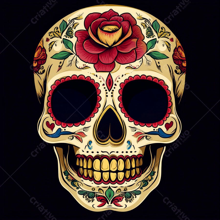 Crânio mexicano Calavera decorado com rosa vermelha e padrões florais