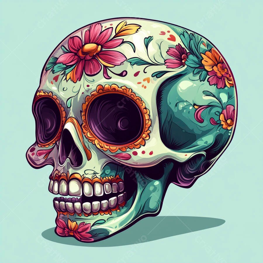 Caveira mexicana florida e vibrante estilo desenho animado para Dia dos Mortos