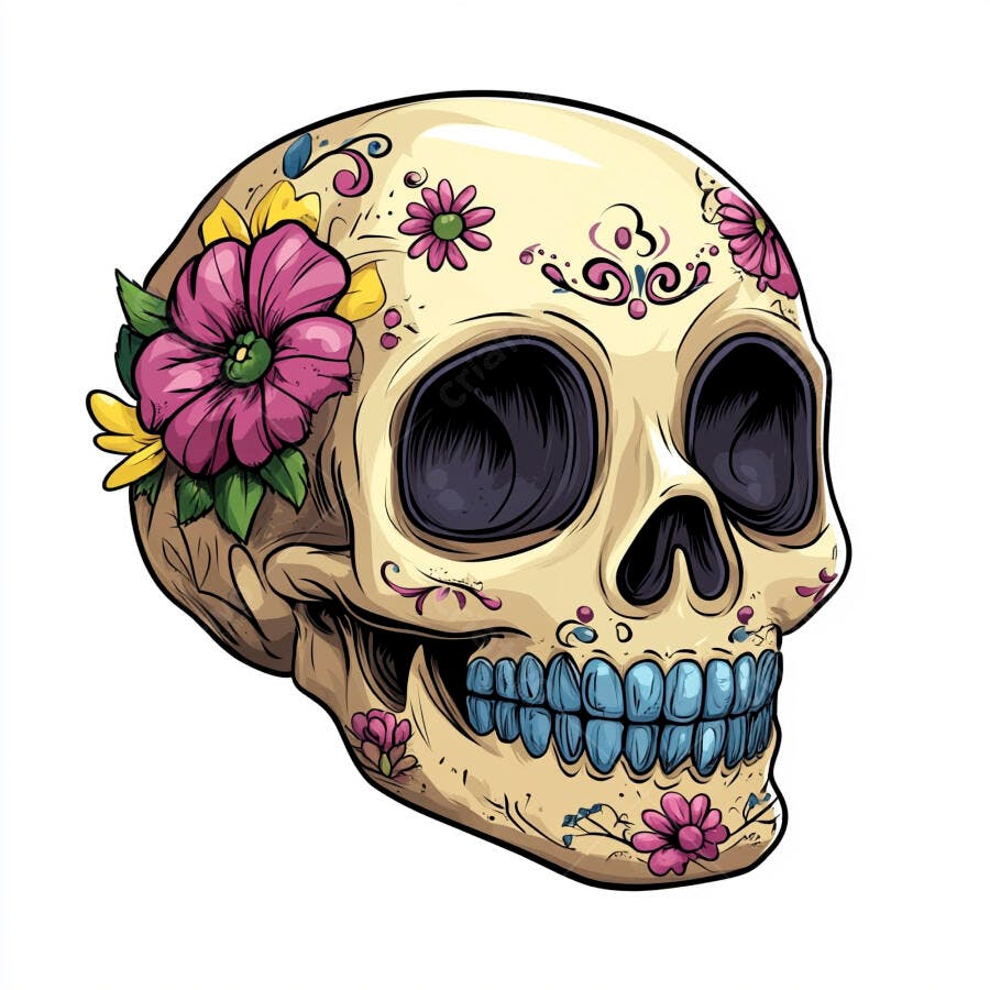 Caveira colorida estilo Dia de los Muertos com flores roxas e dentes azuis