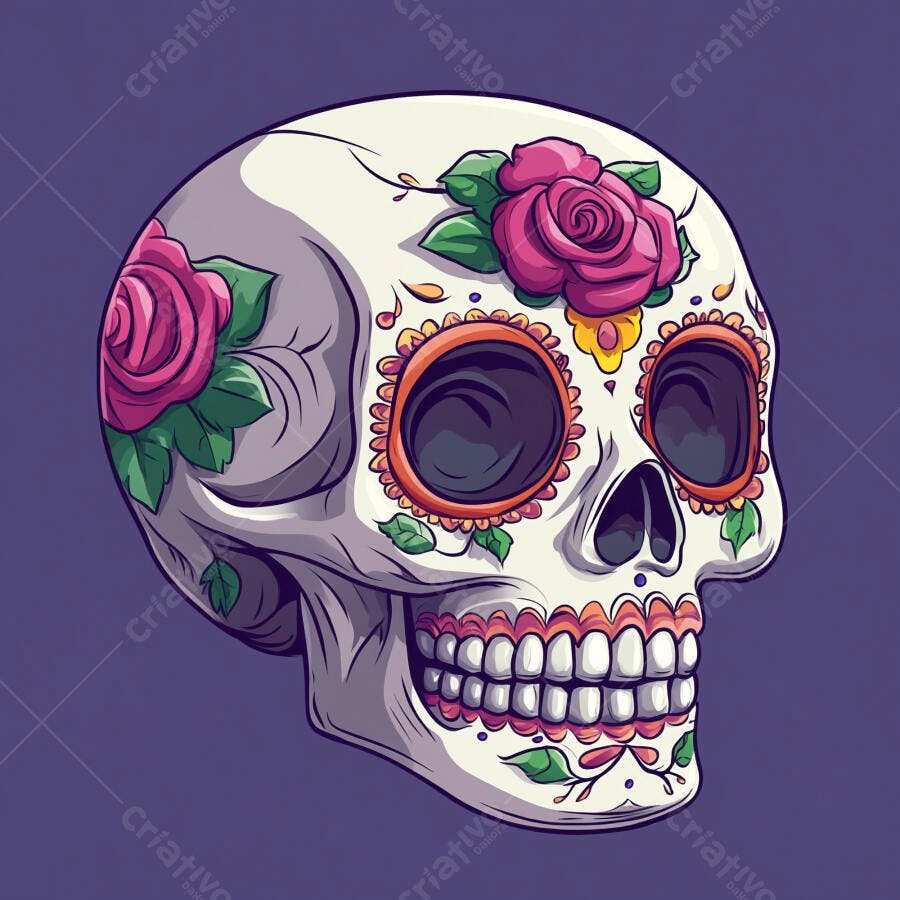 Ilustração de crânio de açúcar calavera com rosas pink Dia dos Mortos
