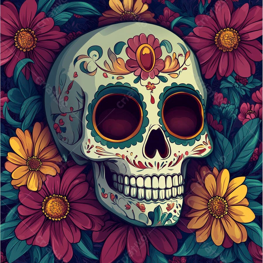 Calavera mexicana colorida com flores vibrantes e folhagem escura