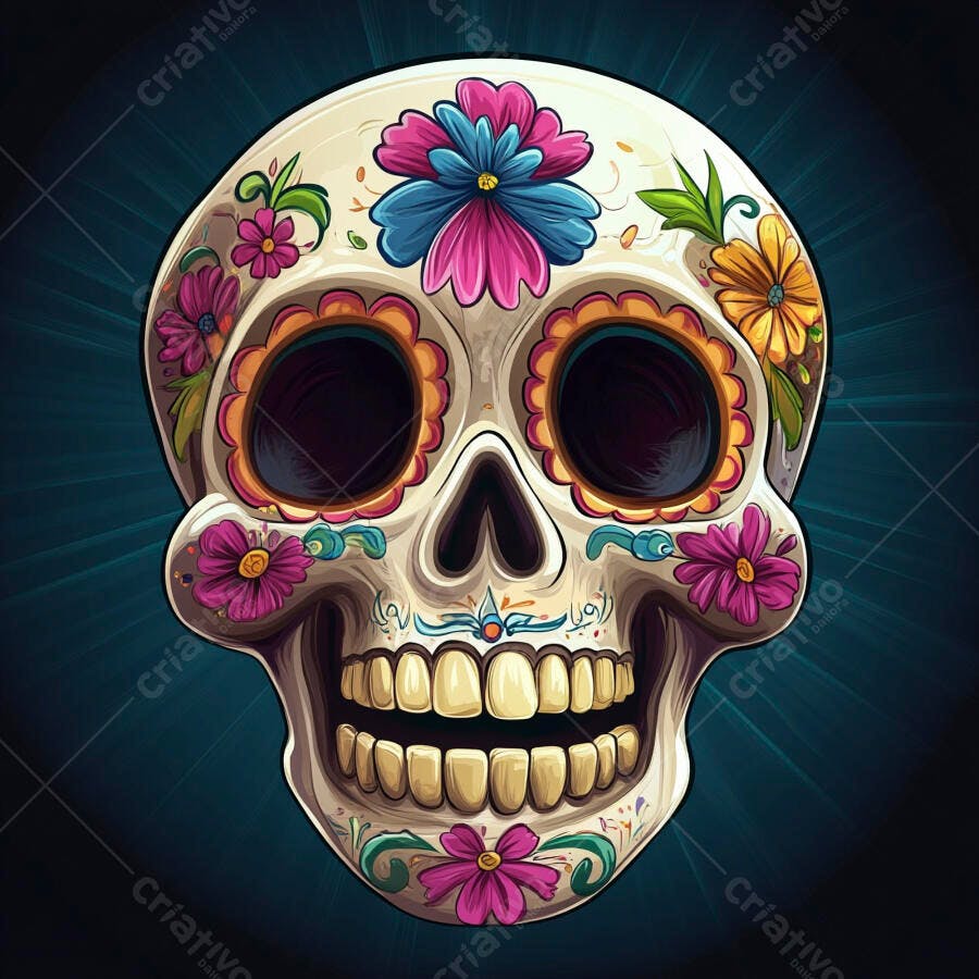 Calavera mexicana florida com flores coloridas vibrantes Dia dos Mortos