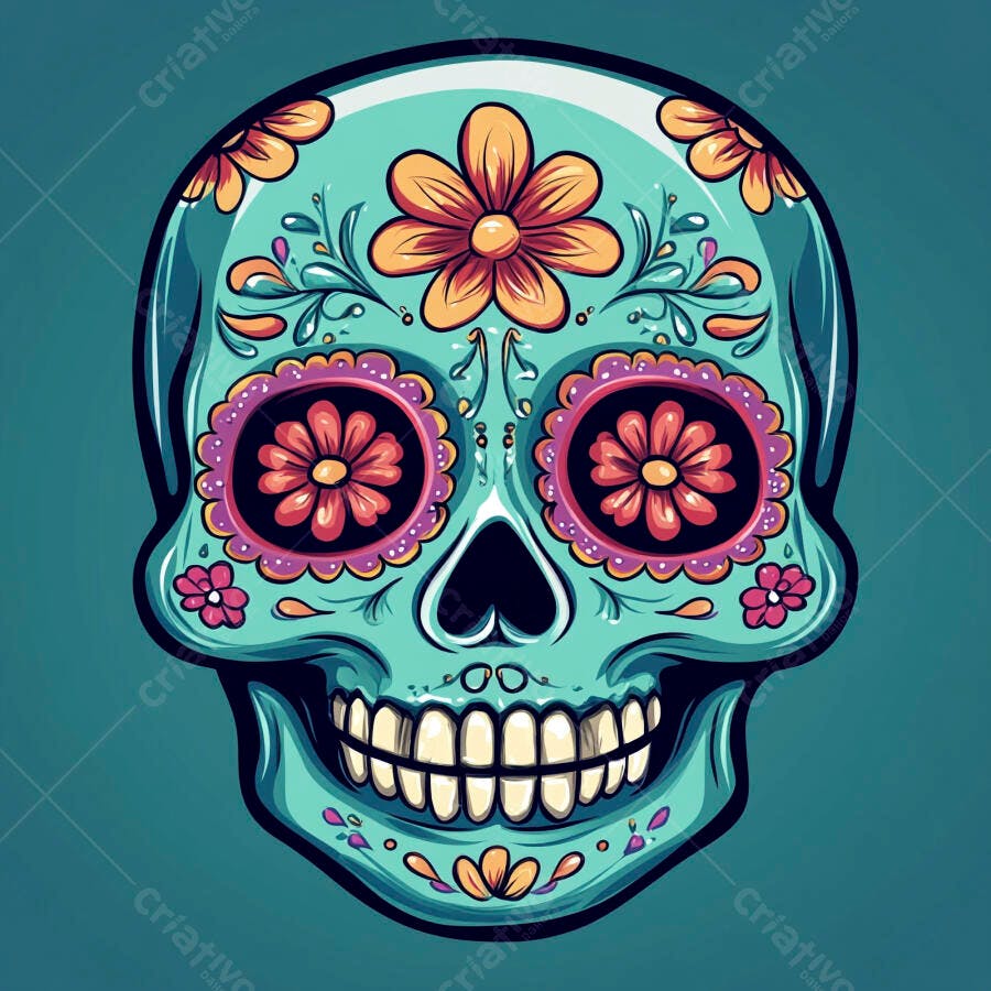 Caveira mexicana decorada com flores laranjas e roxas tema Dia dos Mortos