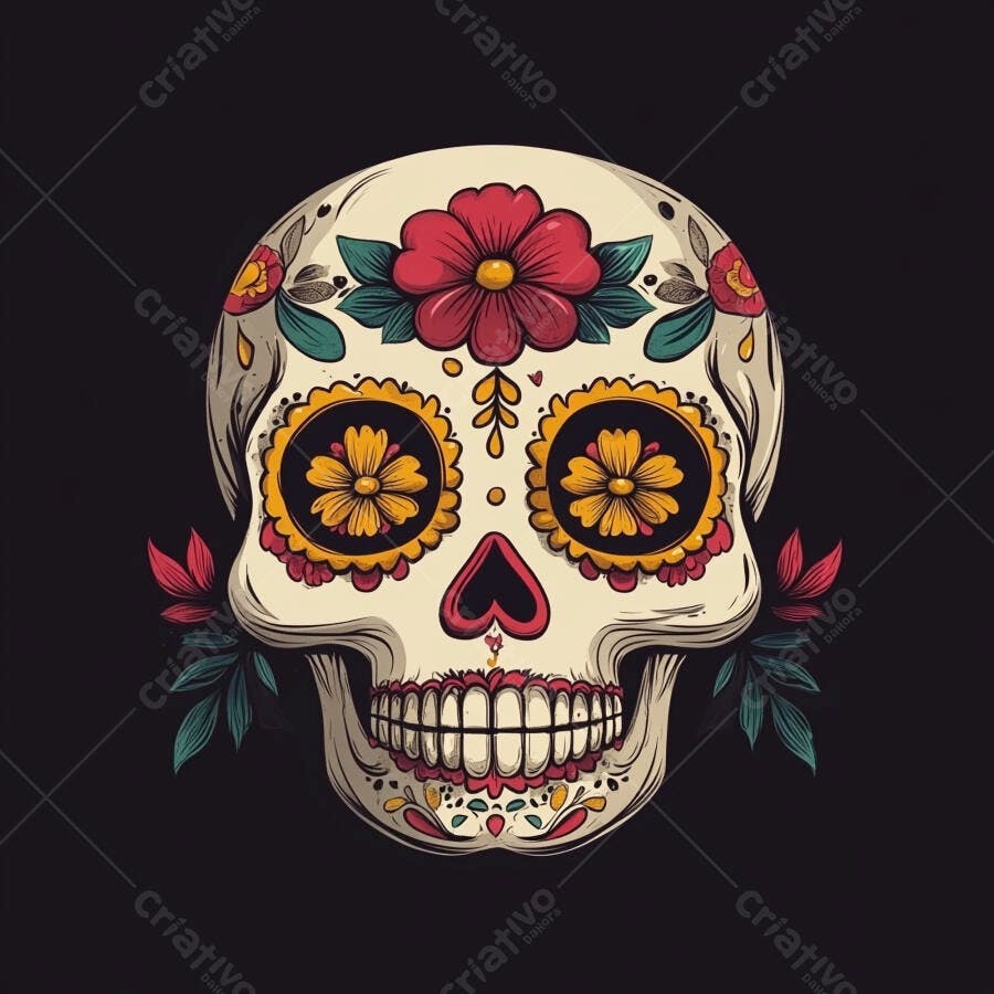 Calavera mexicana floral com flores amarelas e vermelhas para Dia de los Muertos