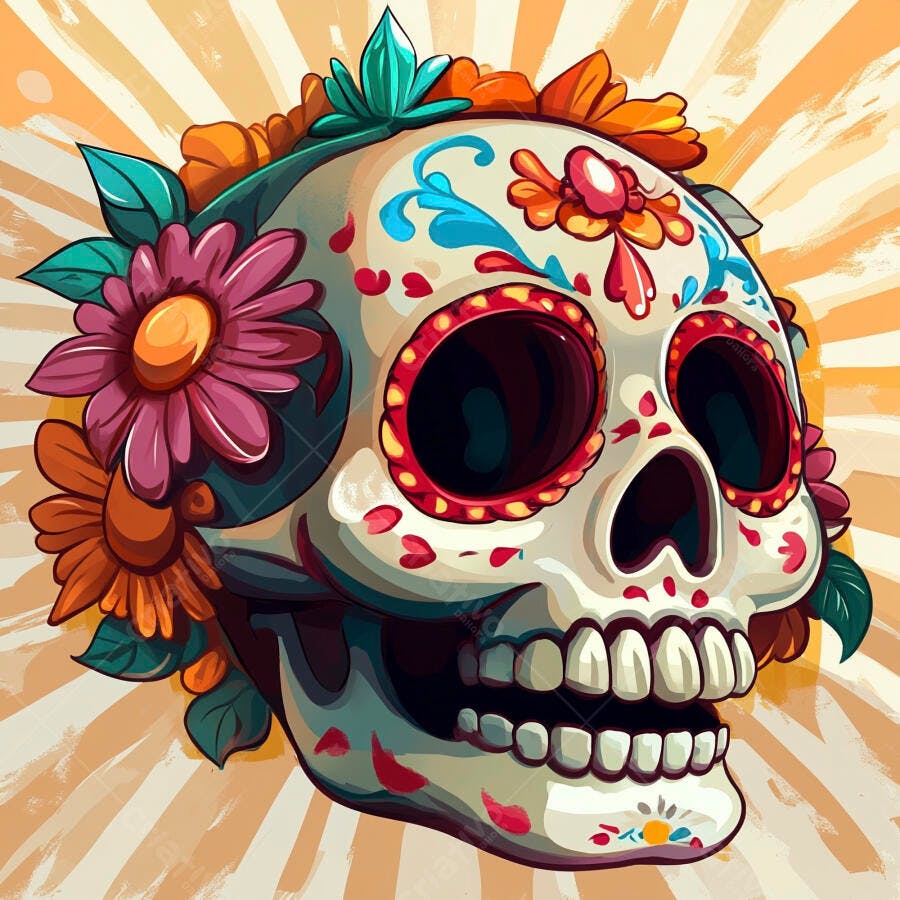 Calavera mexicana decorada com flores coloridas para o Dia de Muertos