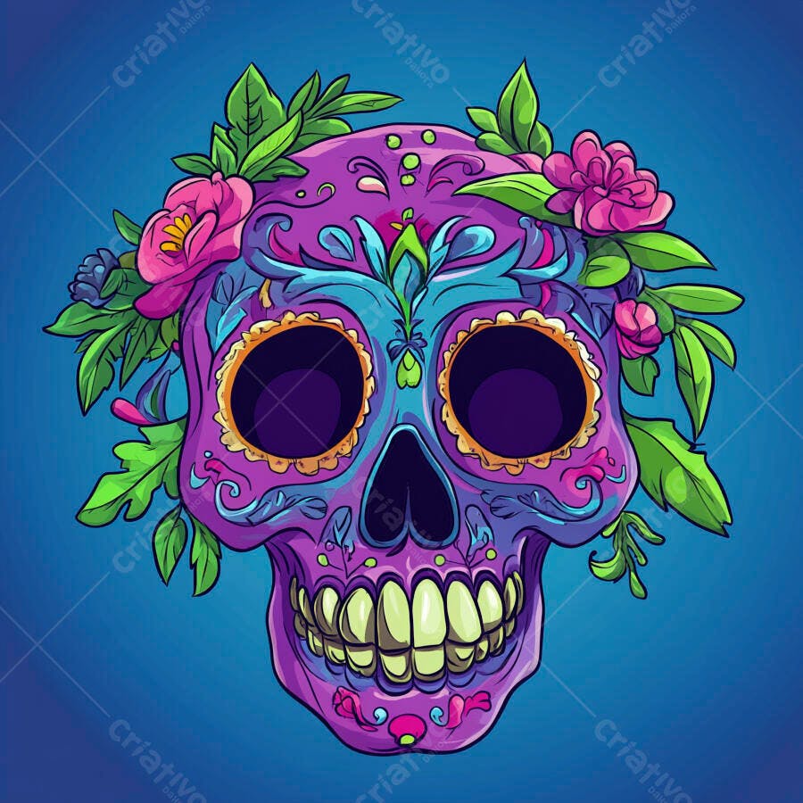 Caveira mexicana de açúcar roxa com flores e folhas verdes vibrantes