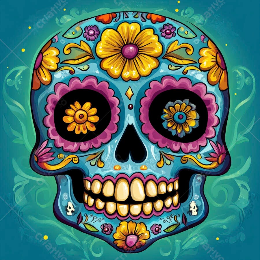 Caveira mexicana colorida com flores azul rosa e amarela Dia de los Muertos