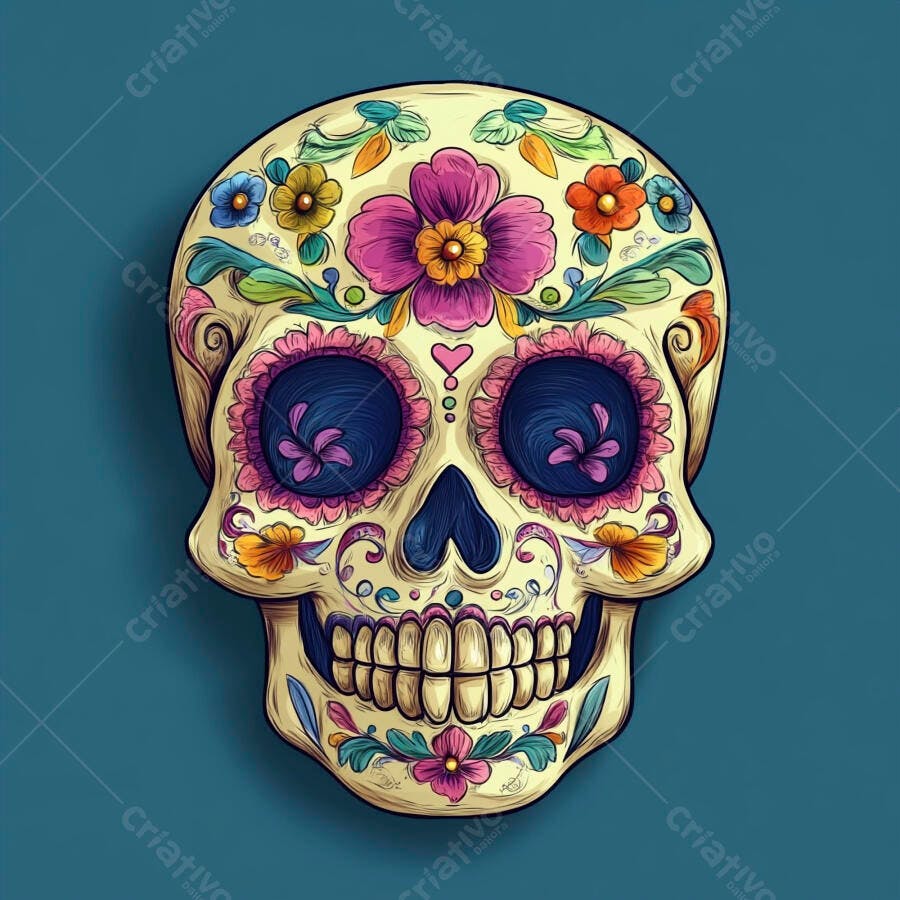 Caveira mexicana decorada com flores coloridas arte vibrante Dia dos Mortos