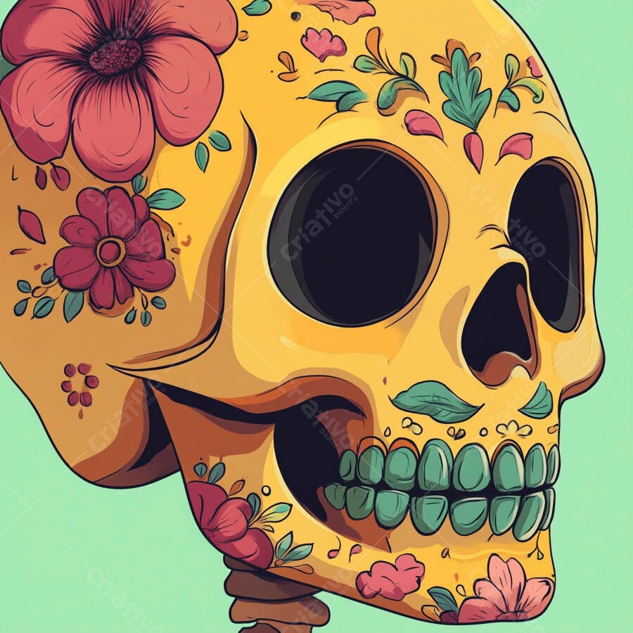 Calavera amarela decorada com flores rosas para o Dia dos Mortos