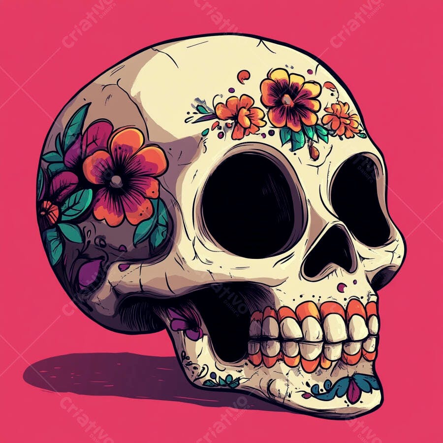 Caveira mexicana decorada com flores coloridas em fundo rosa vibrante