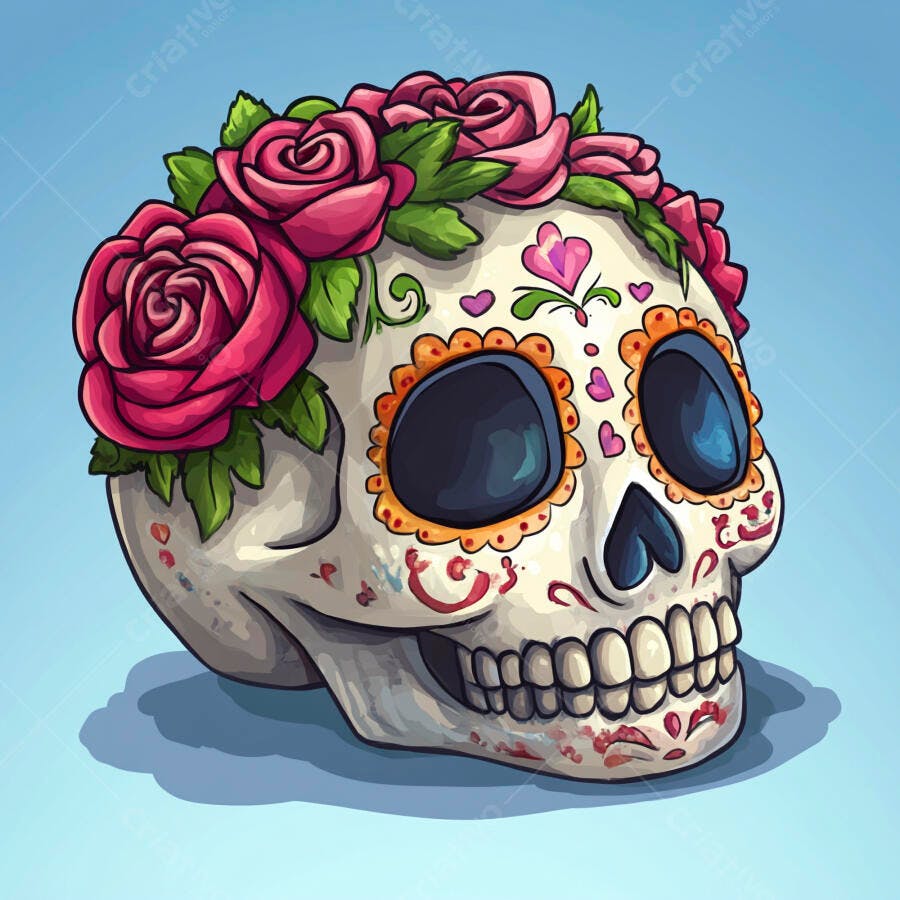 Calavera mexicana decorada com rosas e padrões vibrantes Dia de los Muertos