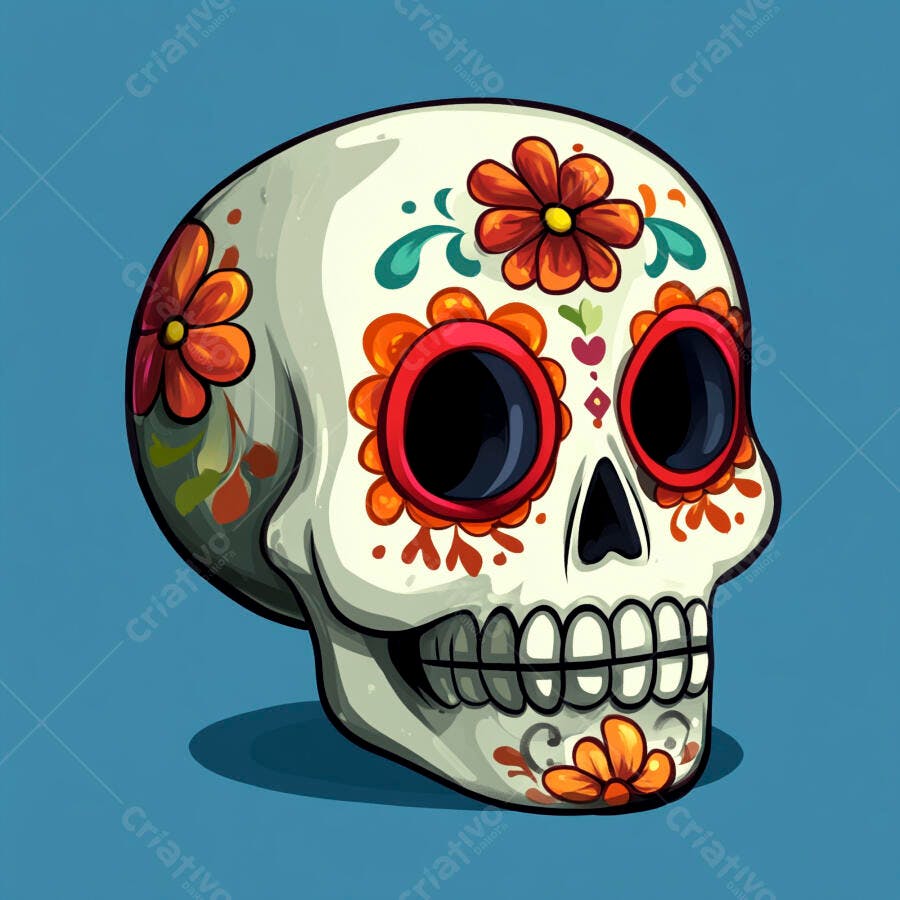 Caveira mexicana decorada com flores laranjas e vermelhas em fundo azul
