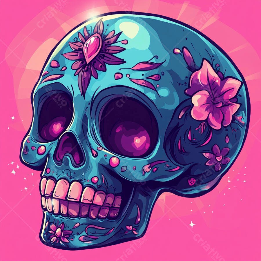 Caveira mexicana de açúcar azul e roxa ilustração vibrante Dia dos Mortos