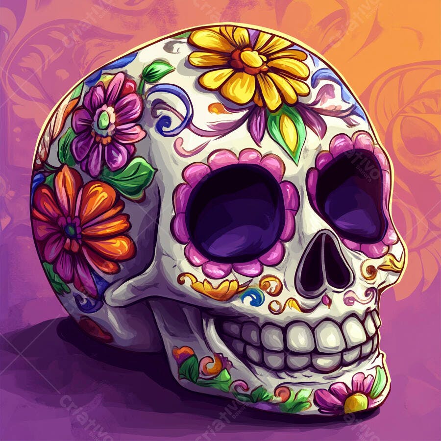 Calavera mexicana colorida com flores e padrões artísticos Dia de los Muertos