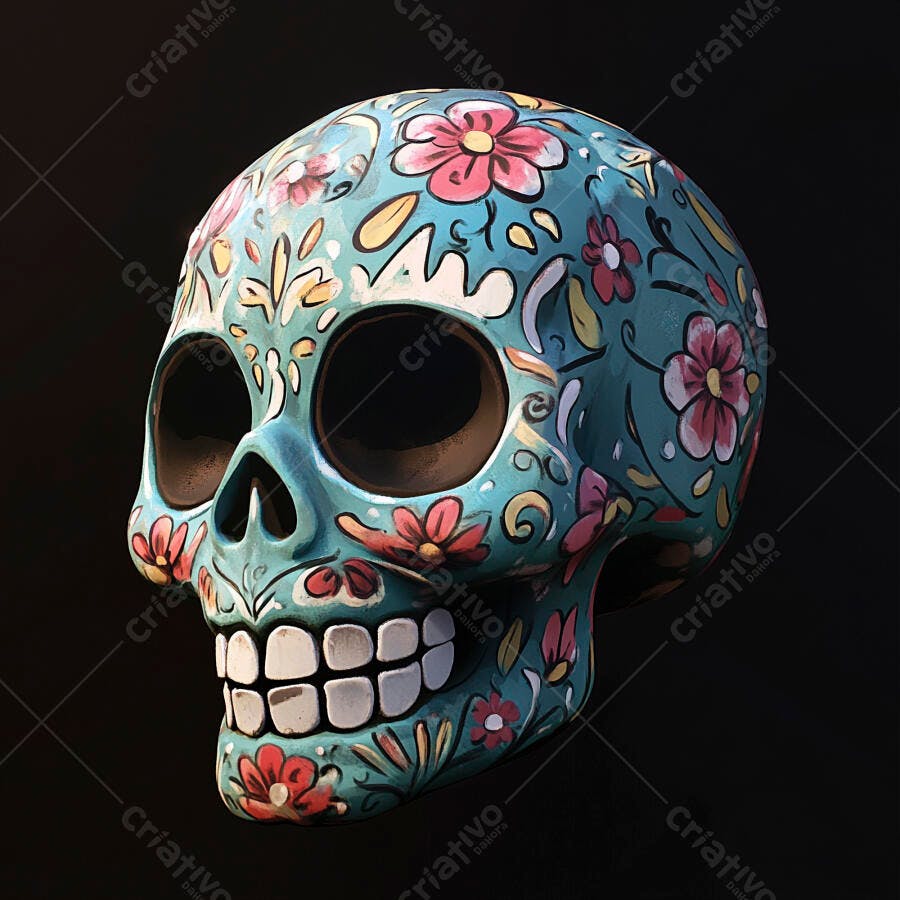 Crânio de açúcar Calavera azul turquesa decorado com flores rosa Dia de los Muertos