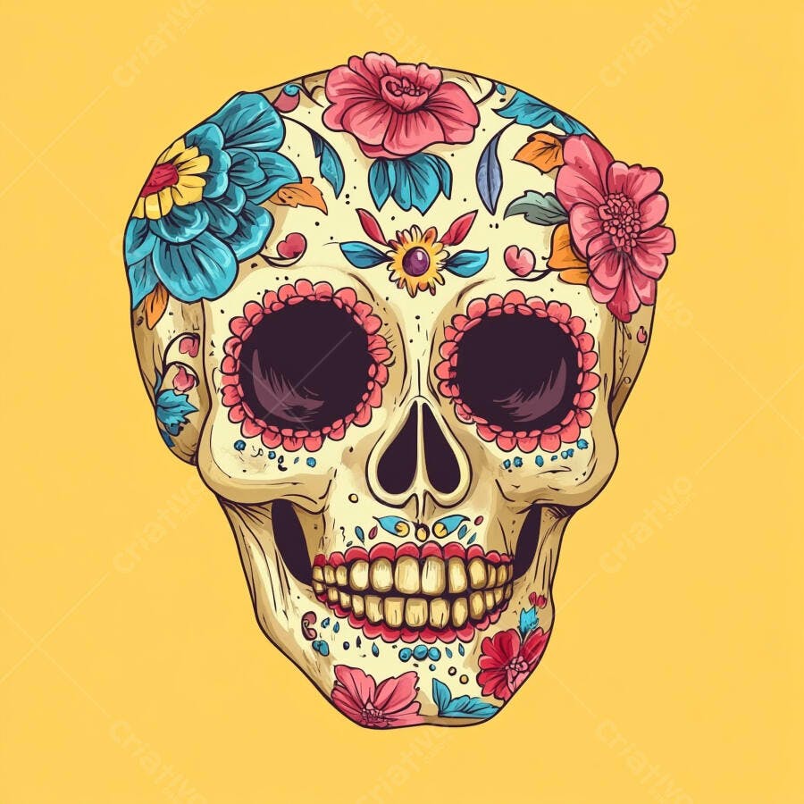 Caveira mexicana colorida com flores para Dia de Muertos