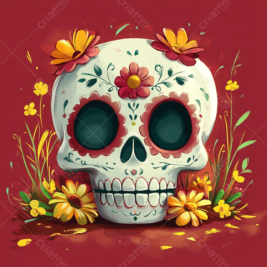 Calavera mexicana branca colorida com flores vermelhas e amarelas em fundo vibrante