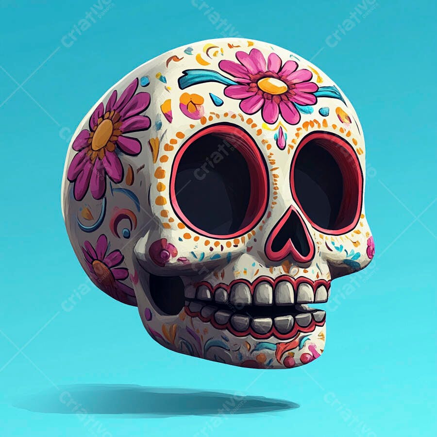 Calavera de açúcar decorada com flores rosa vibrantes e fundo azul turquesa