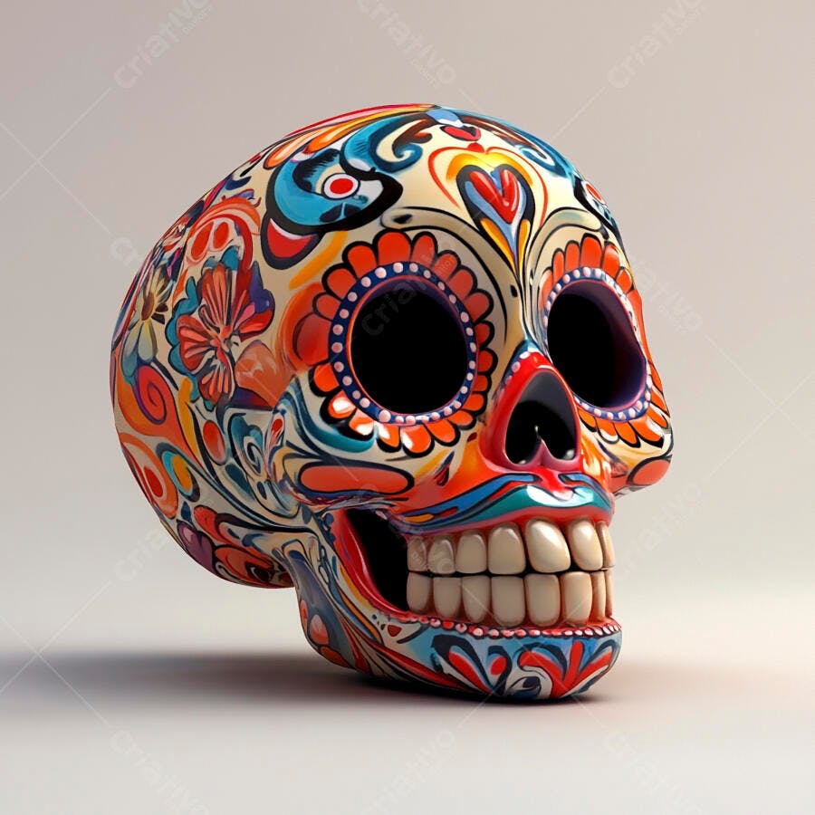 Crânio decorado vibrante estilo Dia dos Mortos em fundo claro