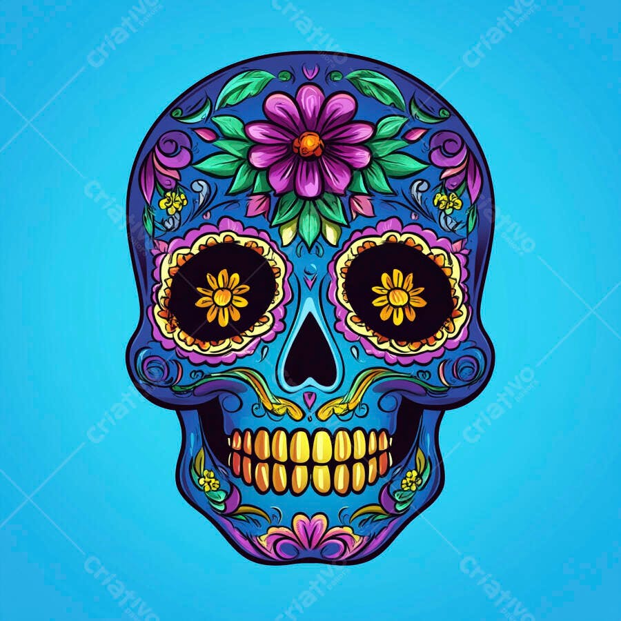 Caveira mexicana de açúcar azul vibrante com flores coloridas para Dia de los Muertos